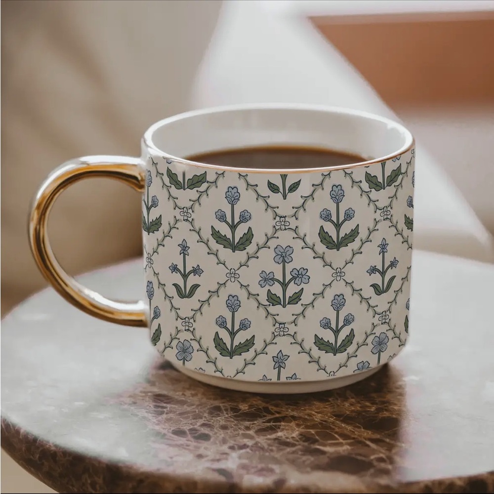 Elegant Floral Ceramic Mug with Gold Handle - White and Green